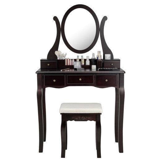 Costway Brown Vanity Set with Removable Makeup Organizer and Comfortable Cushioned Stools