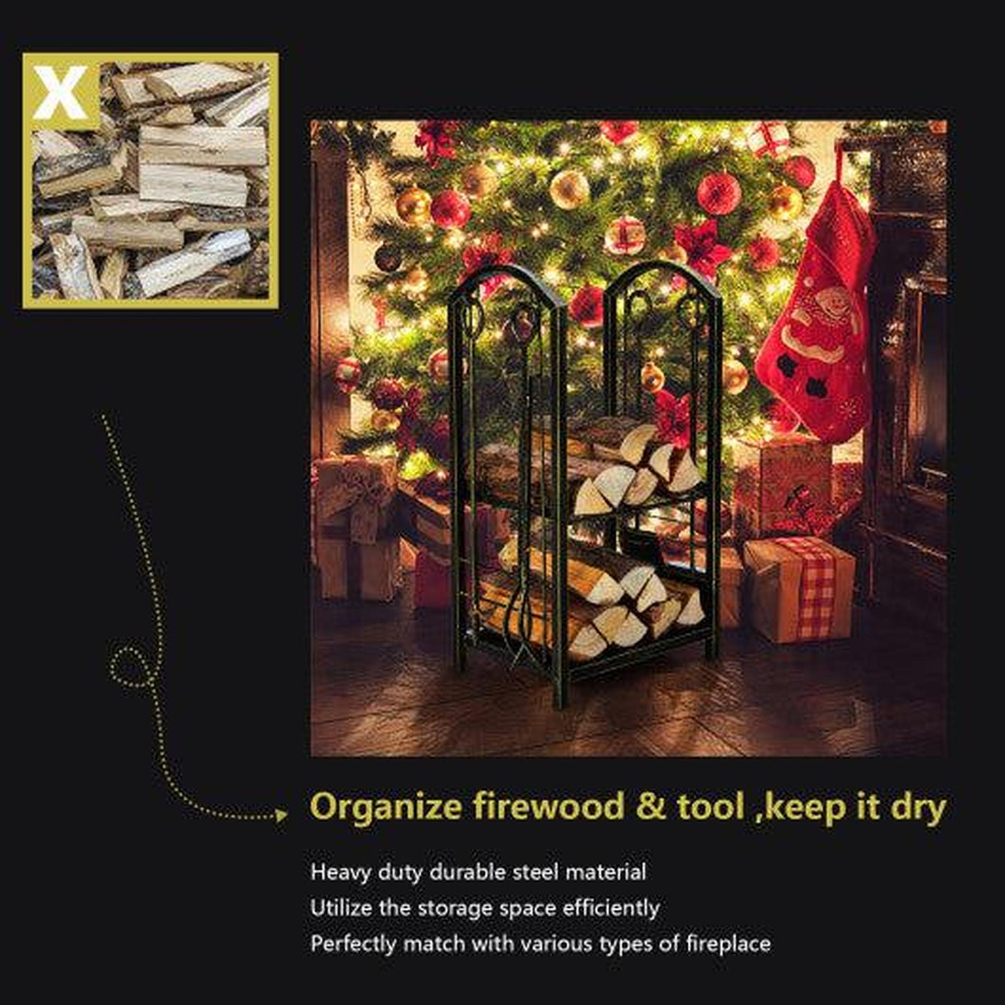Costway Fireplace Log Rack with 4 Pieces Fireplace Tools - Bronze