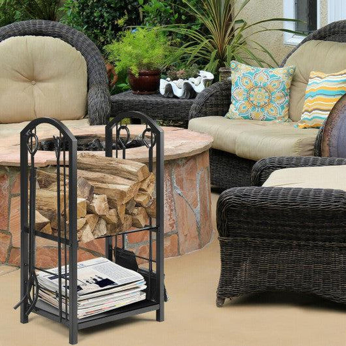 Costway Fireplace Log Rack with 4 Tools Set Fireside Firewood Holder