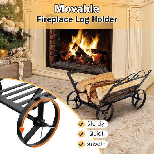 Costway Firewood Rack Decorative Rustproof Steel Fireplace Log Holder with Wheels