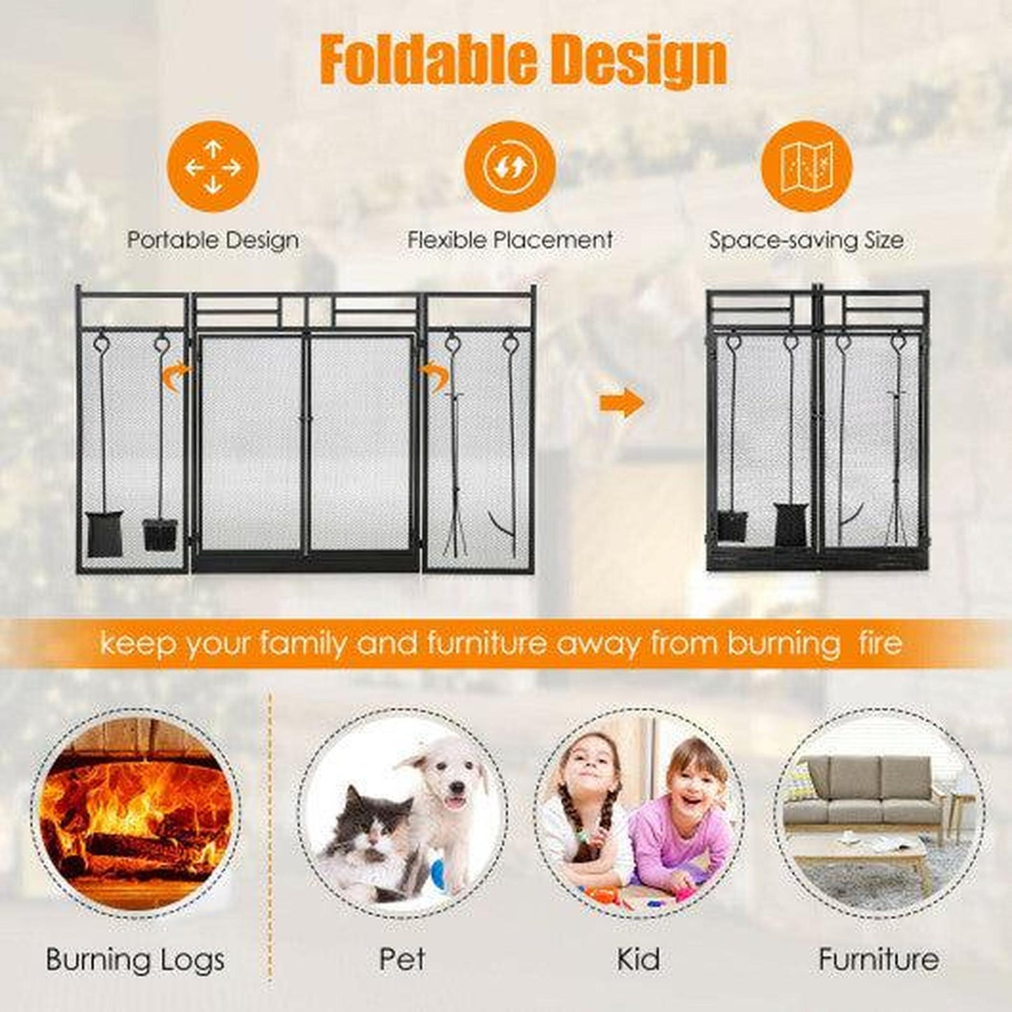 Costway JV10064BK 3-Panel Black Folding Wrought Iron Fireplace Screen with Doors and 4 Pieces Tools Set
