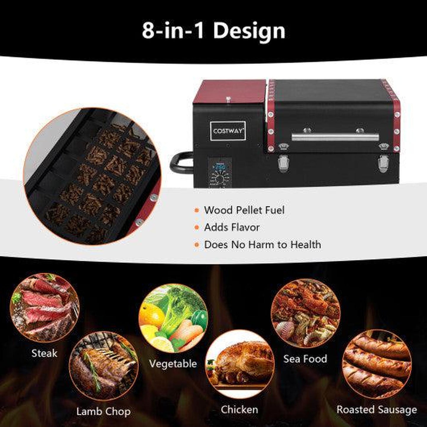 Costway Movable Pellet Grill and Smoker with Temperature Probe - Black