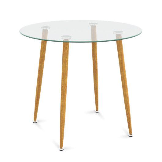 Costway Natural Round Glass Dining Table Leisure Coffee Table with Metal Legs