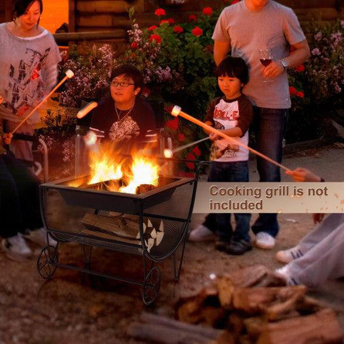 Costway Outdoor Wood Burning Fire Pit with Log Storage Rack and Wheels