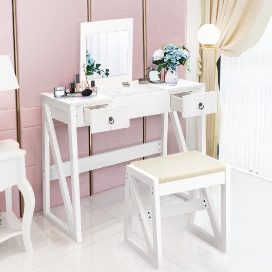 Costway Vanity Dressing Table Set Flip Makeup Mirror Stool with 2 Drawers