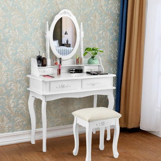 Costway Vanity Jewelry Wooden Makeup Dressing Table Set W/stool