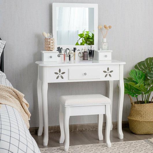 Costway Vanity Modern Carved Table and Stool Set with Mirror 3 Drawers