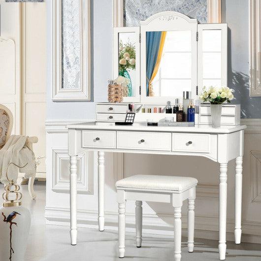 Costway White Makeup Dressing Table with Tri-Folding Mirror and Cushioned Stool for Women