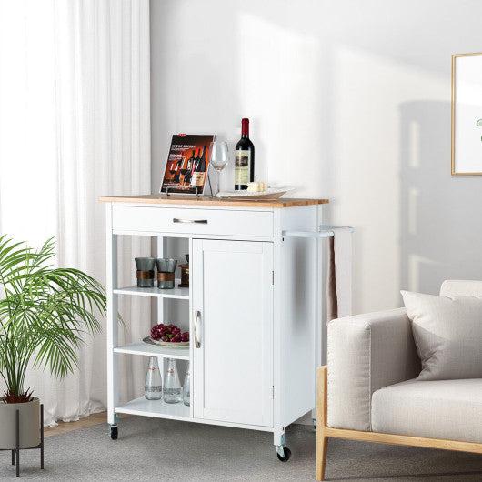 Costway White Mobile Kitchen Island Cart with Rubber Wood Top