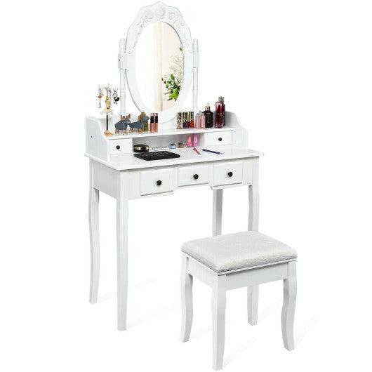 Costway White Modern Bedroom Wood Dressing Table with Storage Shelf and Cushioned Stool
