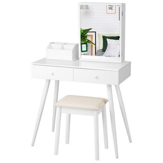 Costway White Vanity Dressing Table Set Lockable Jewelry Cabinet with Mirror