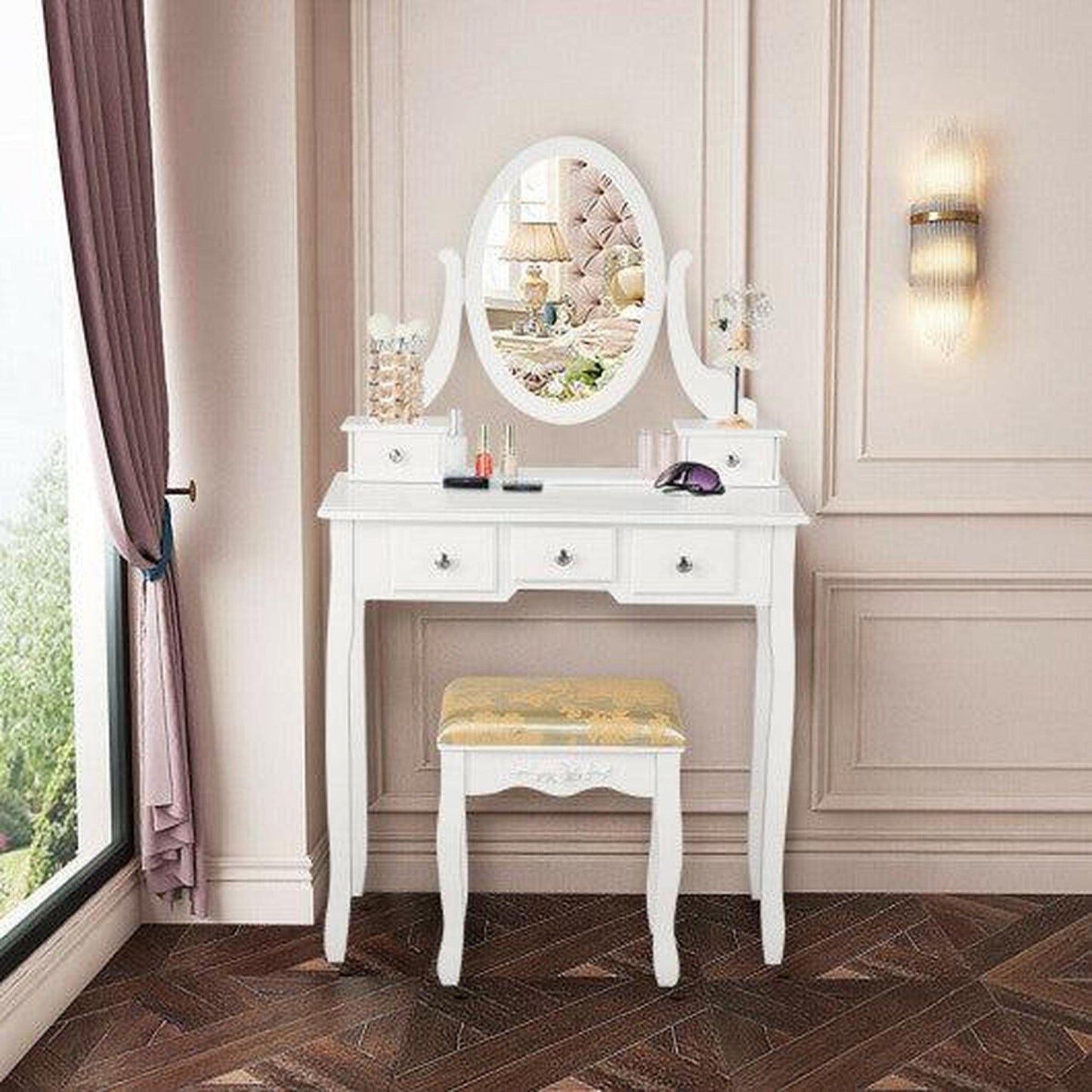 Costway White Vanity Make Up Table Set Dressing Table Set with 5 Drawers