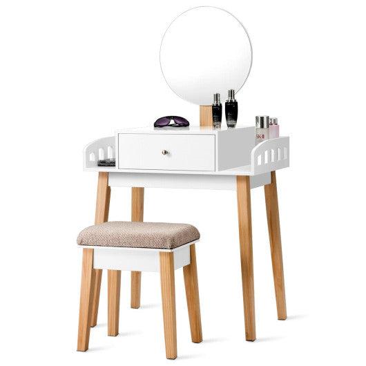 Costway Wooden Makeup Dressing Mirror Table Set with Drawer
