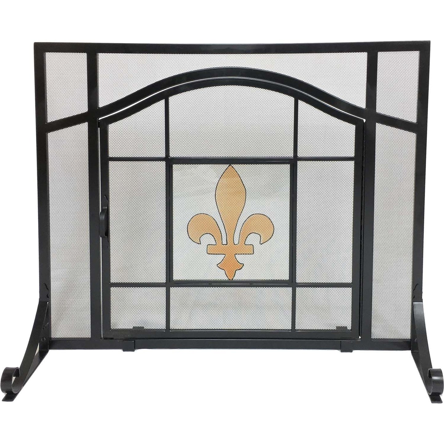 Dagan Industries 38" x 31" Black Wrought Iron With Glass Fleur De Lis Design Fireplace Screen With Door