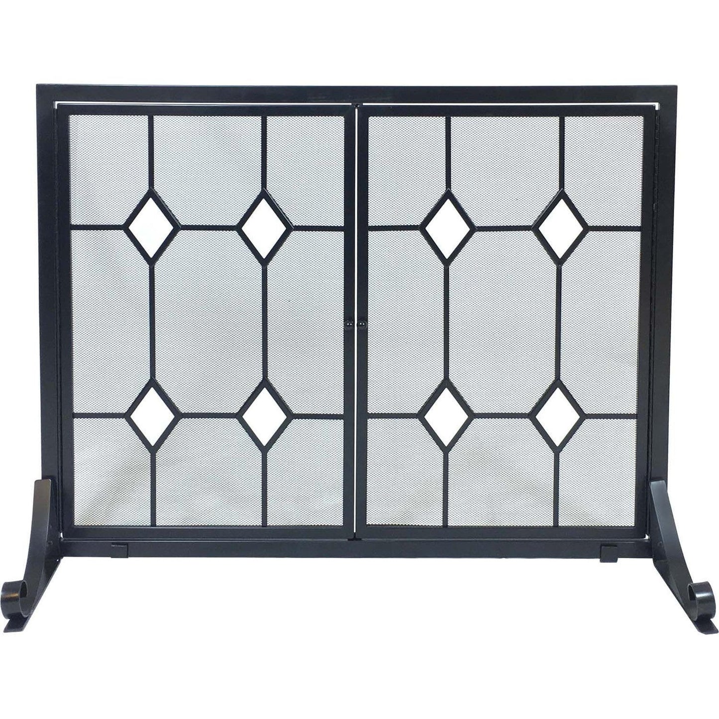Dagan Industries 44" x 33" Black Wrought Iron Glass Diamond Design Fireplace Screen With Two Rectangular Doors