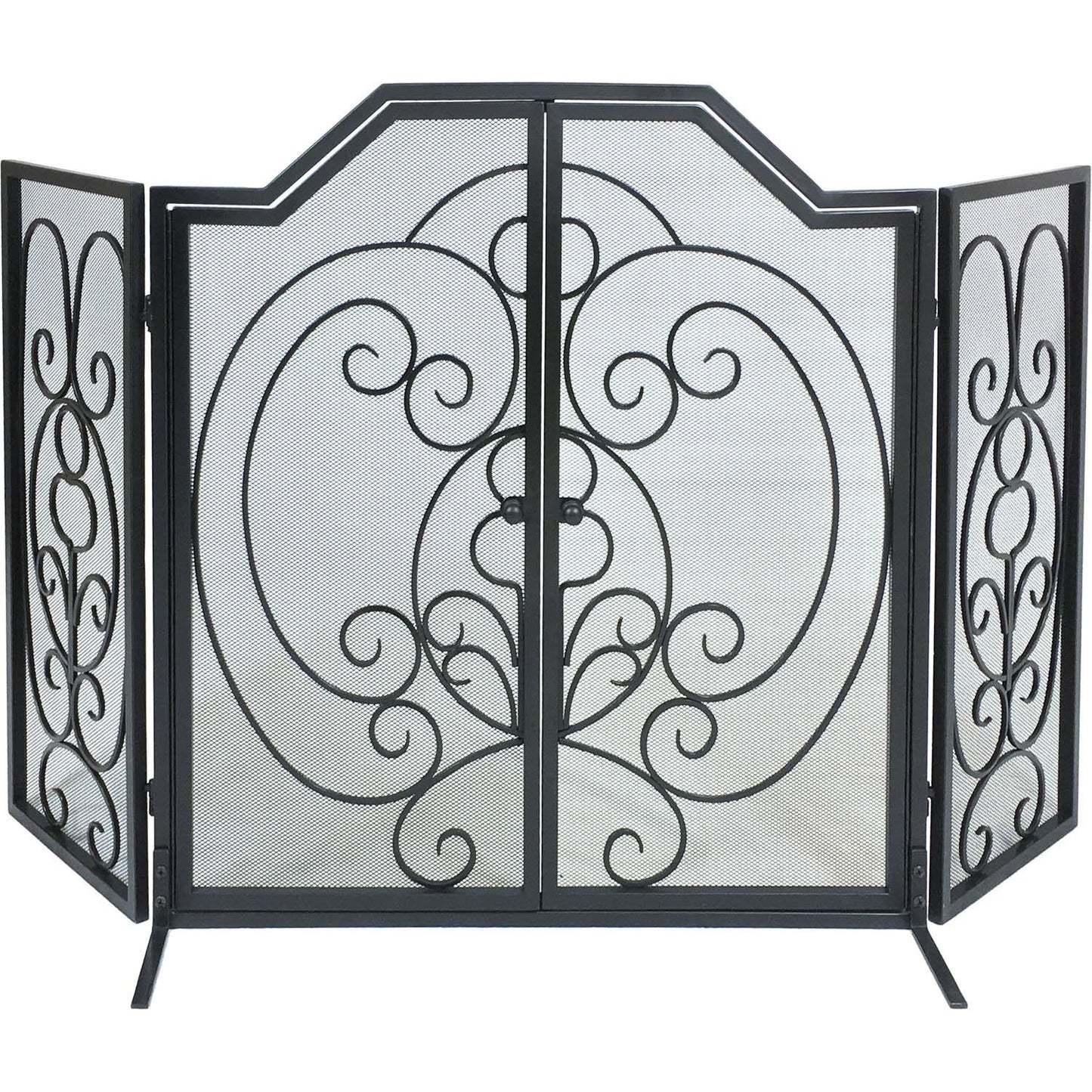 Dagan Industries 55" x 32" Three Fold Center Arched Scroll Design Black Wrought Iron Screen with Doors