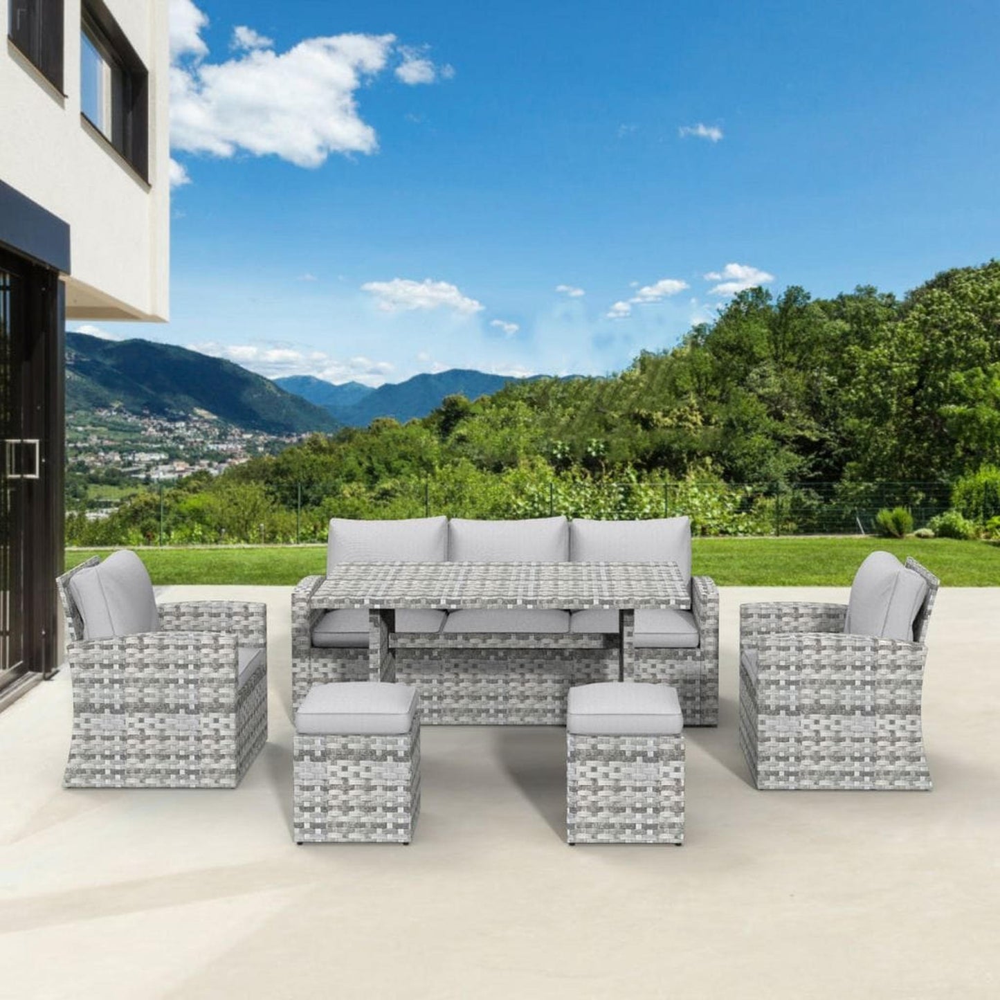 Direct Wicker 6-Piece Patio Gray Rattan Wicker Conversational/Dining Sofa Set with Two Ottomans and Gray Cushions