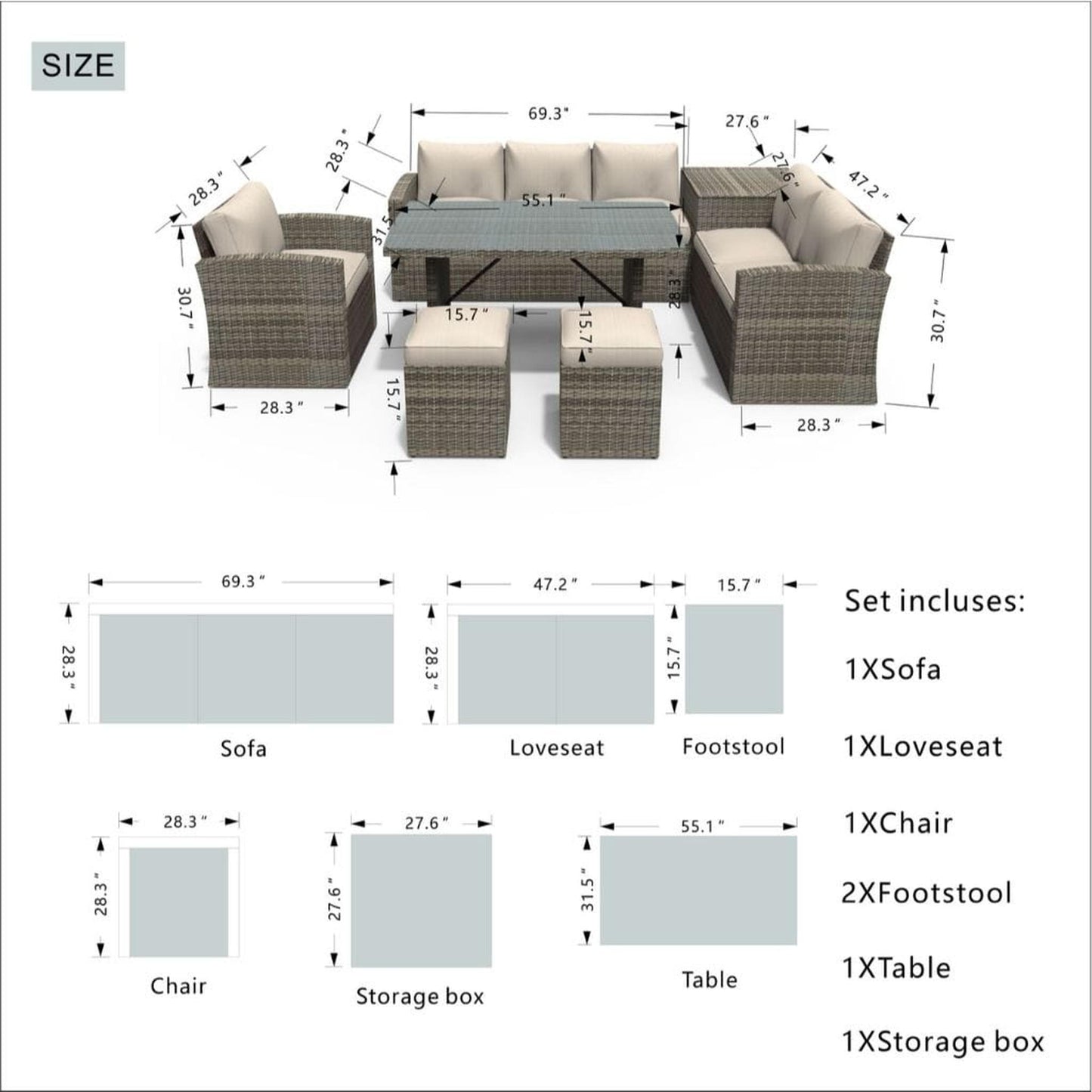 Direct Wicker Aurora 7PCS Patio Garden Rattan Wicker Dining Sofa Set