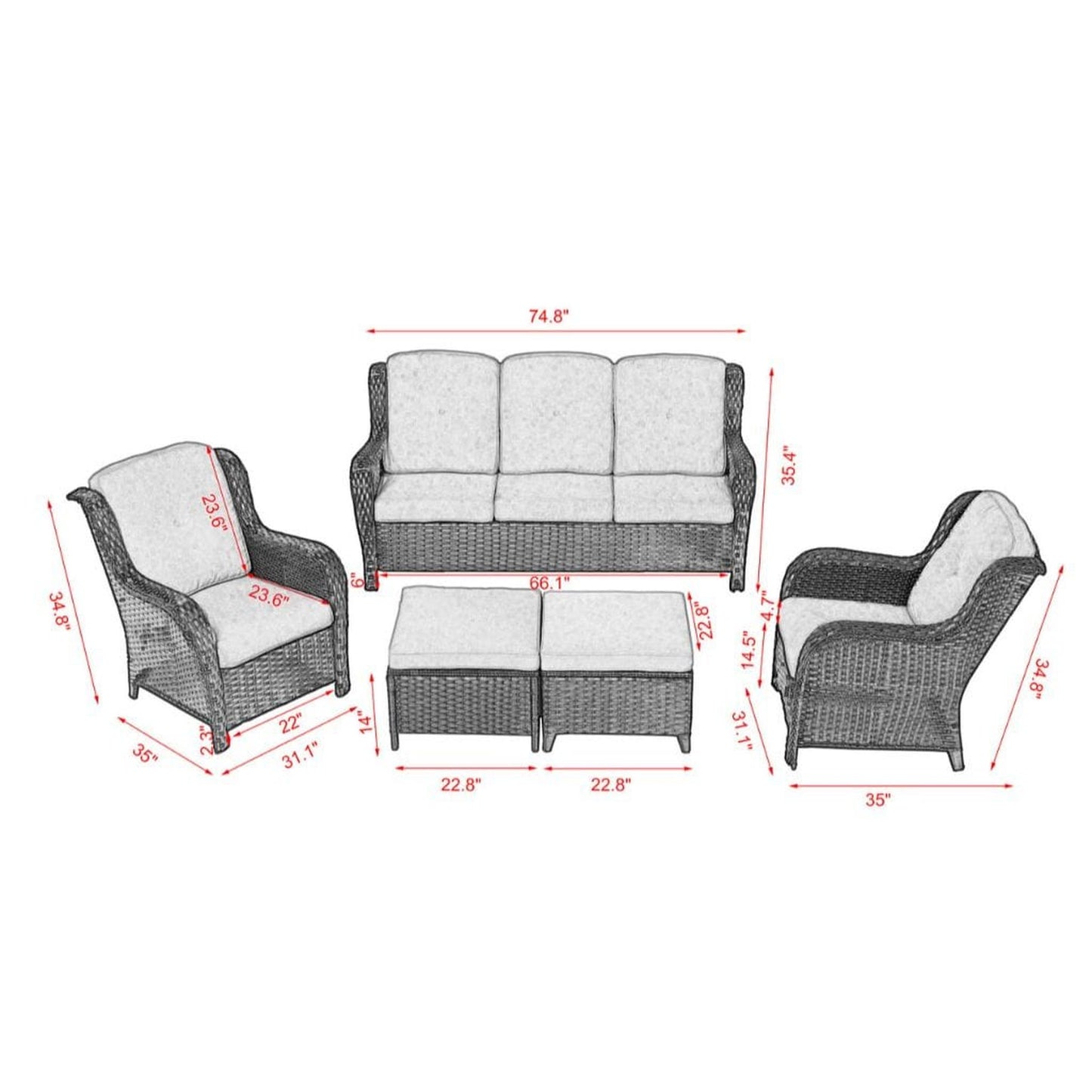 Direct Wicker Brown 5-Piece Wicker Patio Conversation Seating Set with Gray Cushions (Daybed Options)