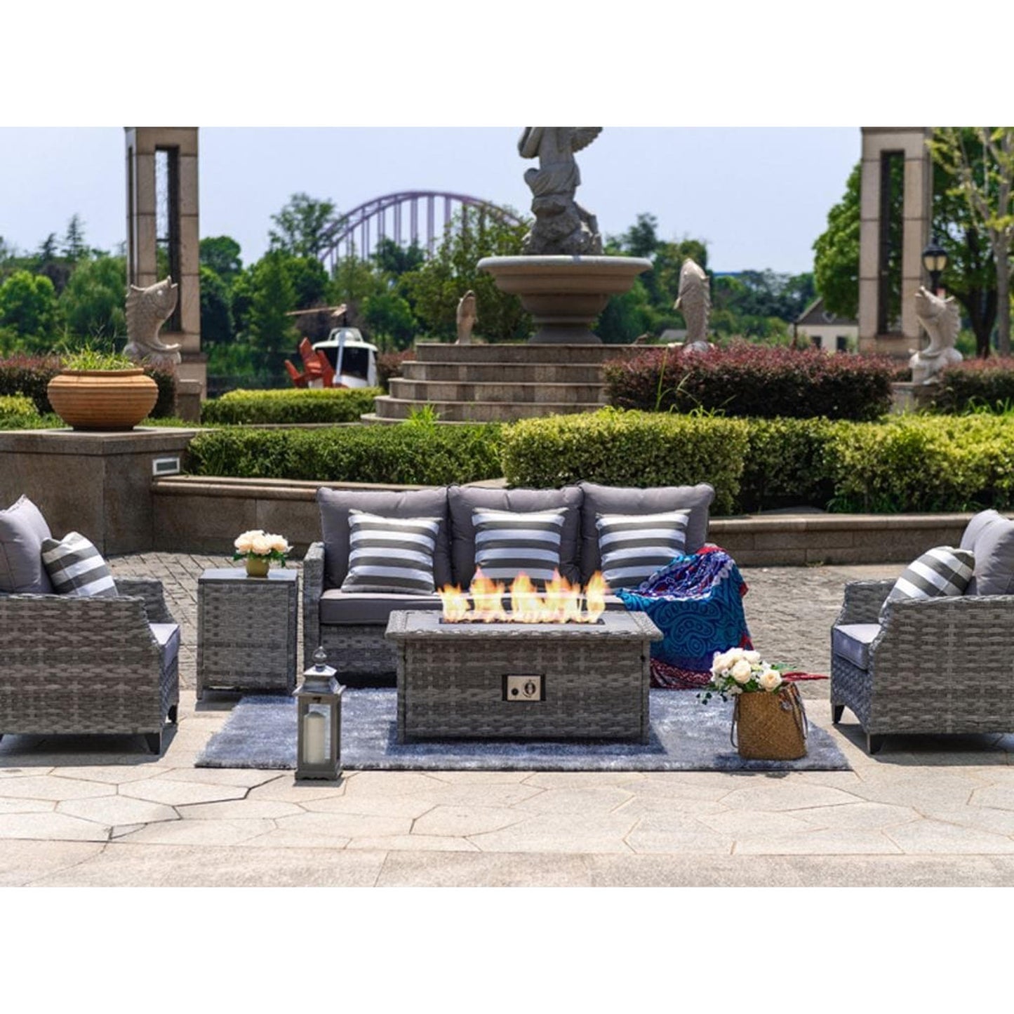 Direct Wicker Convention Sofa Set With Fire Pit Coffee Table (Single Items Included)