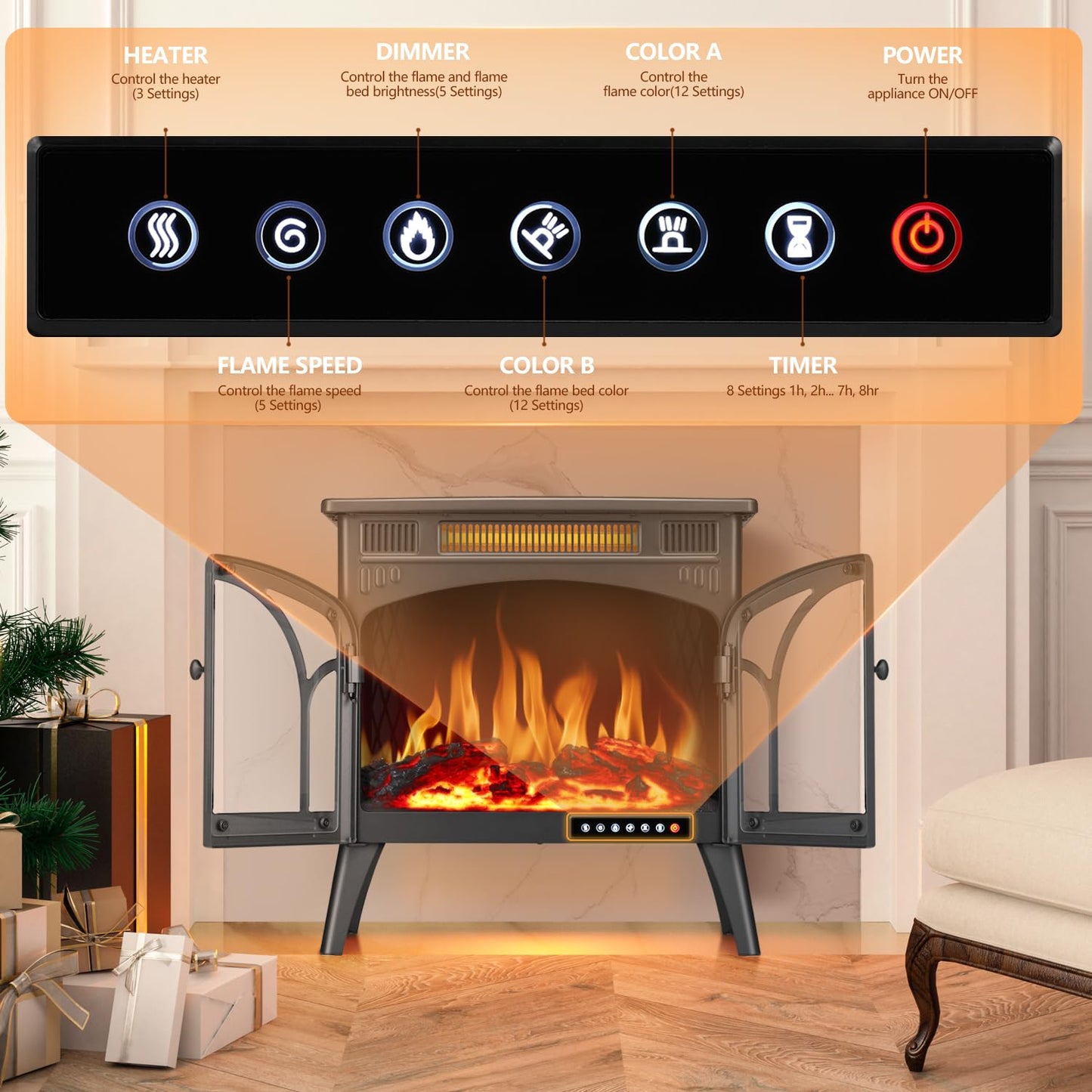 R.W.FLAME 24" Gray 500W-1500W Freestanding Electric Fireplace Stove With Controllable 3D-Flame, 4 Variable Flame and Log Colors