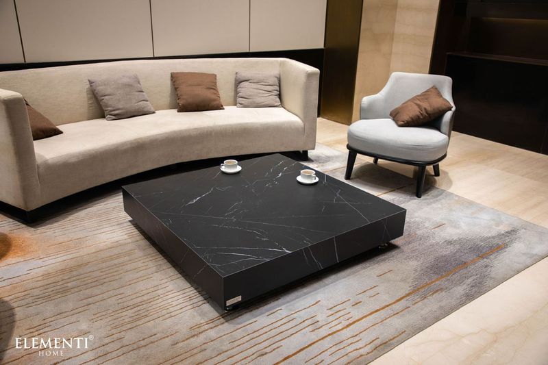 Elementi Home Sofia 47" Large Square Bulgaria Black Marble Porcelain Coffee Table