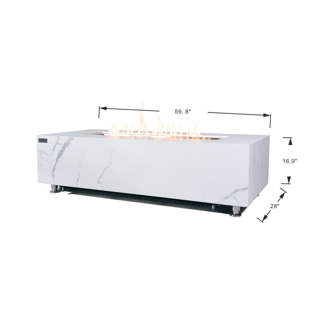 Elementi Plus Carrara 28" Rectangle Bianco White Marble Porcelain Liquid Propane Fire Table
