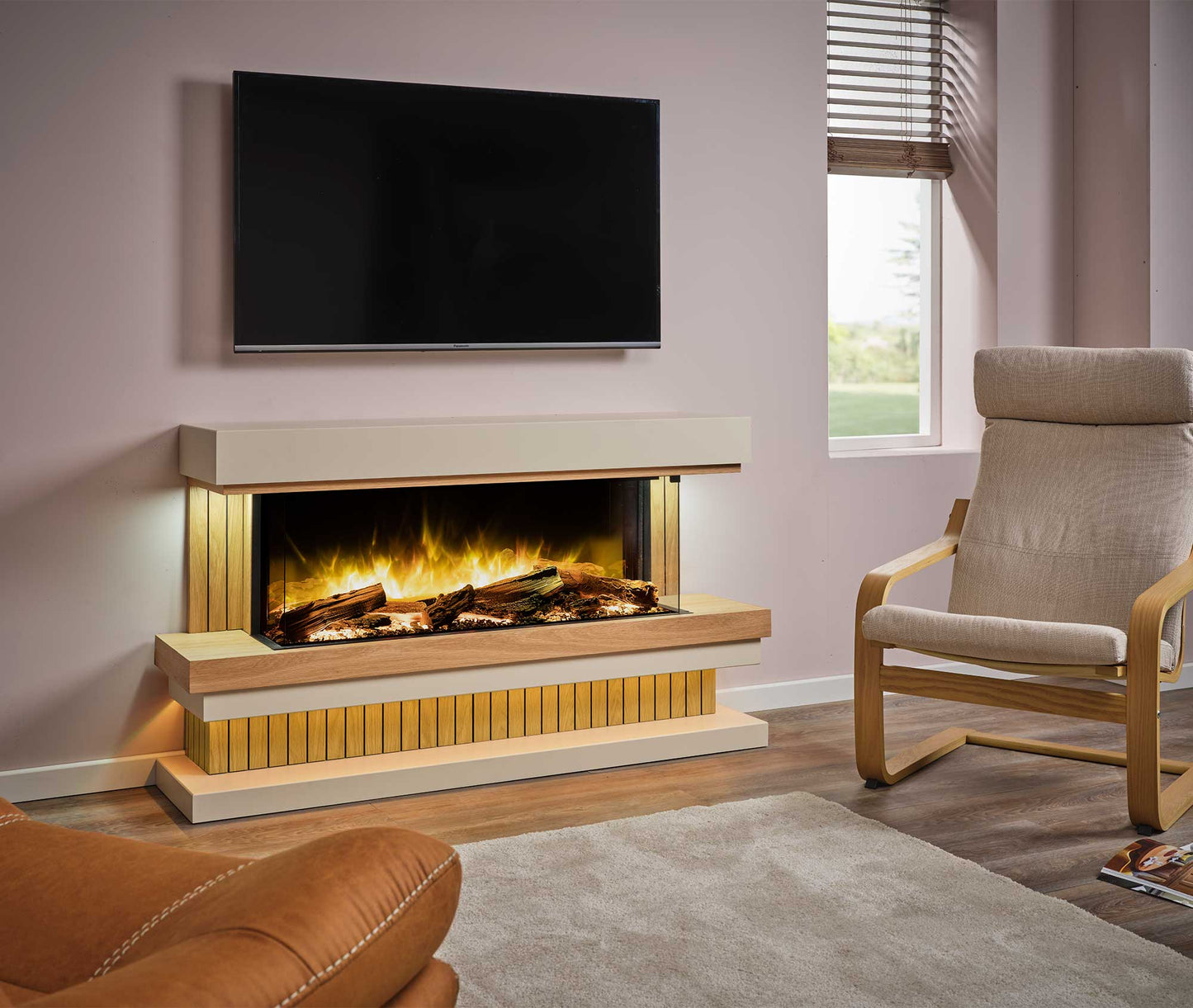 Flamerite Fires Elara 1000 Suite 57" Oak and White Mantel With Trim, Base and E-FX 1000 Electric Fireplace