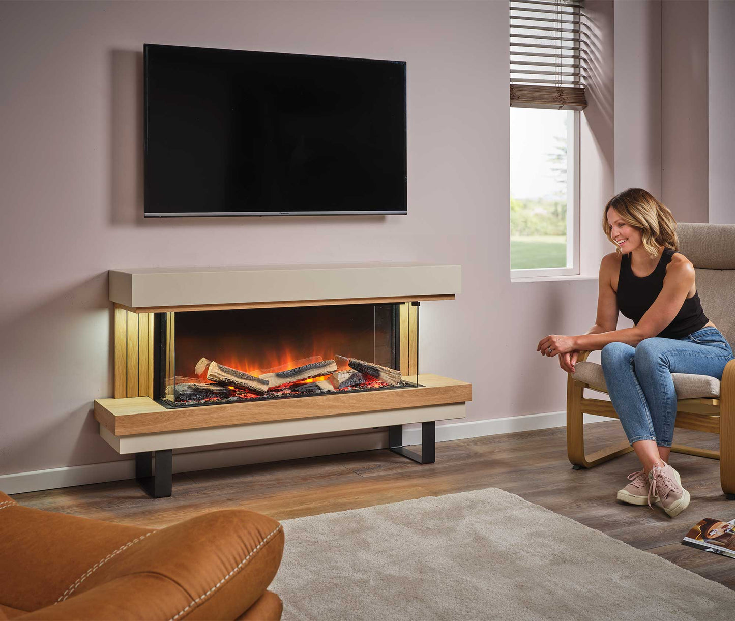 Flamerite Fires Elara 1000 Suite 57" Oak and White Mantel With Trim, Legs and E-FX 1000 Electric Fireplace