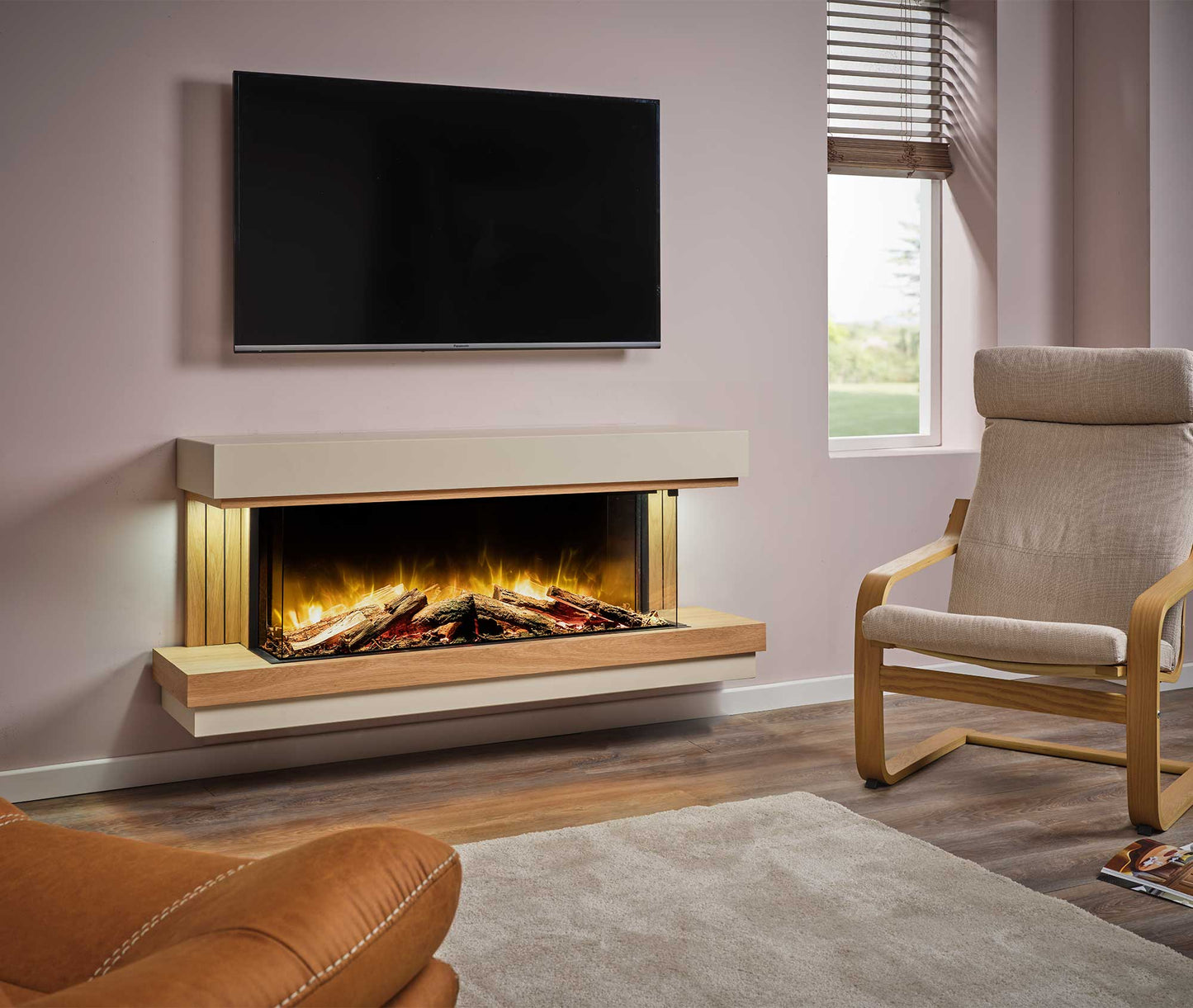 Flamerite Fires Elara 1000 Suite 57" Wall Oak and White Wall Mantel With Trim and E-FX 1000 Electric Fireplace