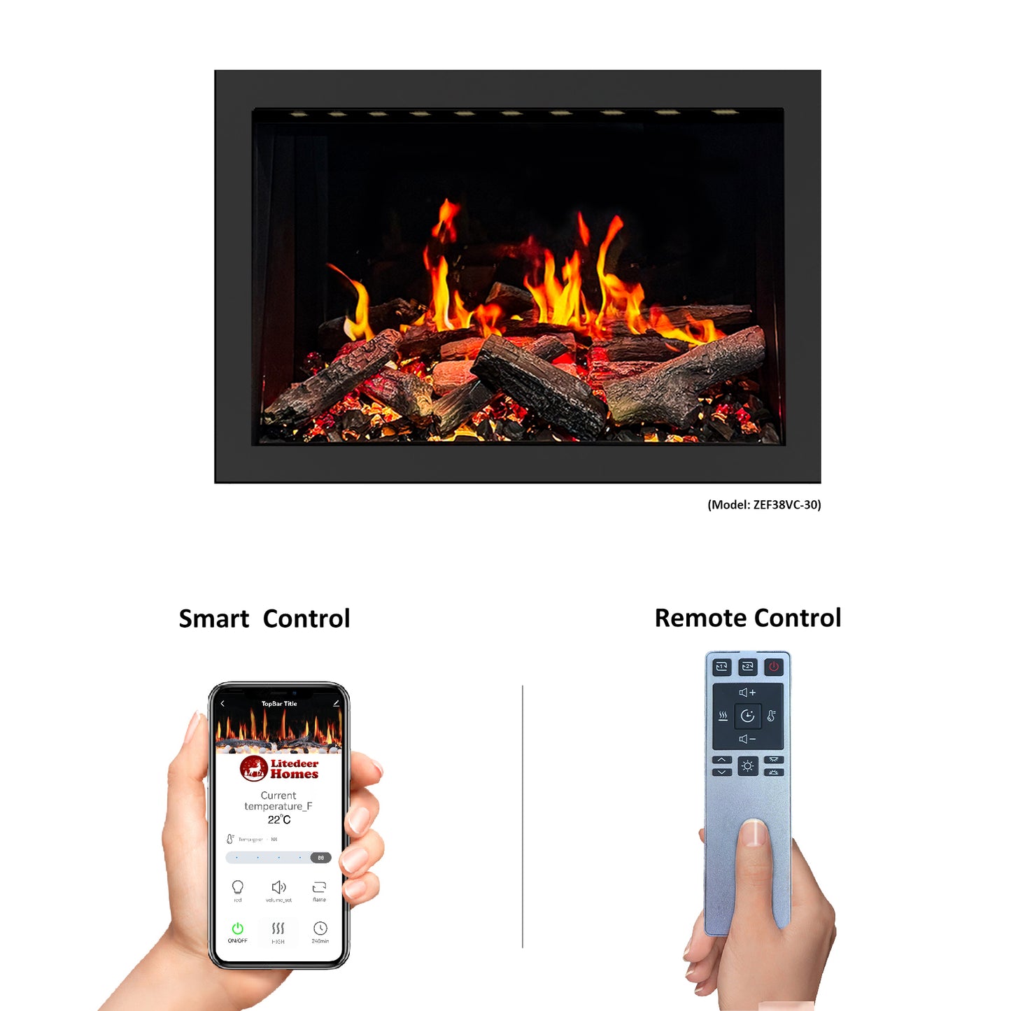 Litedeer Homes LiteStar 38" Black Smart Multi Flame Wall Mount Electric Fireplace Insert With Luster Copper Reflective Glass