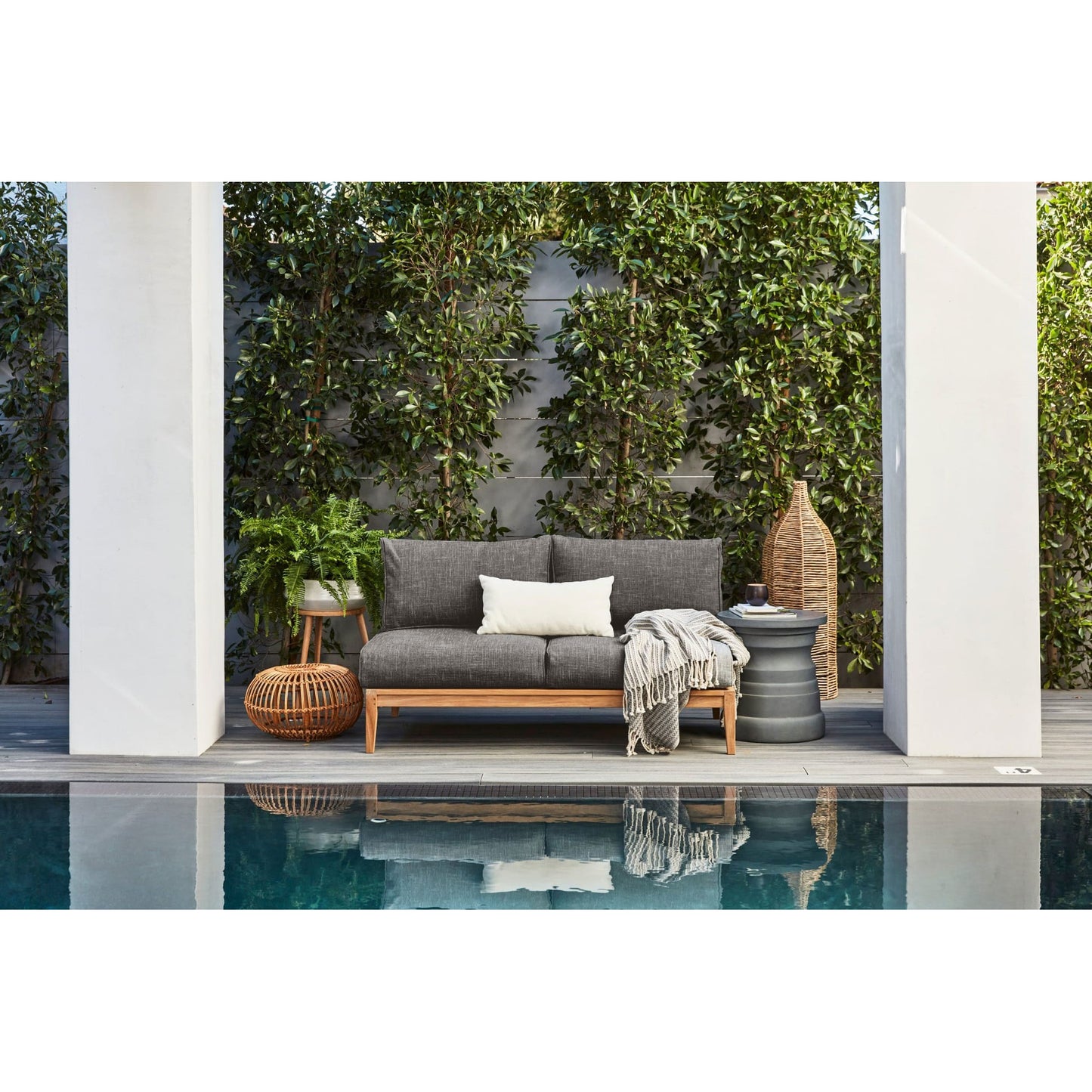 Live Outer 127" Teak Outdoor Sofa With Armchairs and Dark Pebble Gray Cushion (6-Seat)