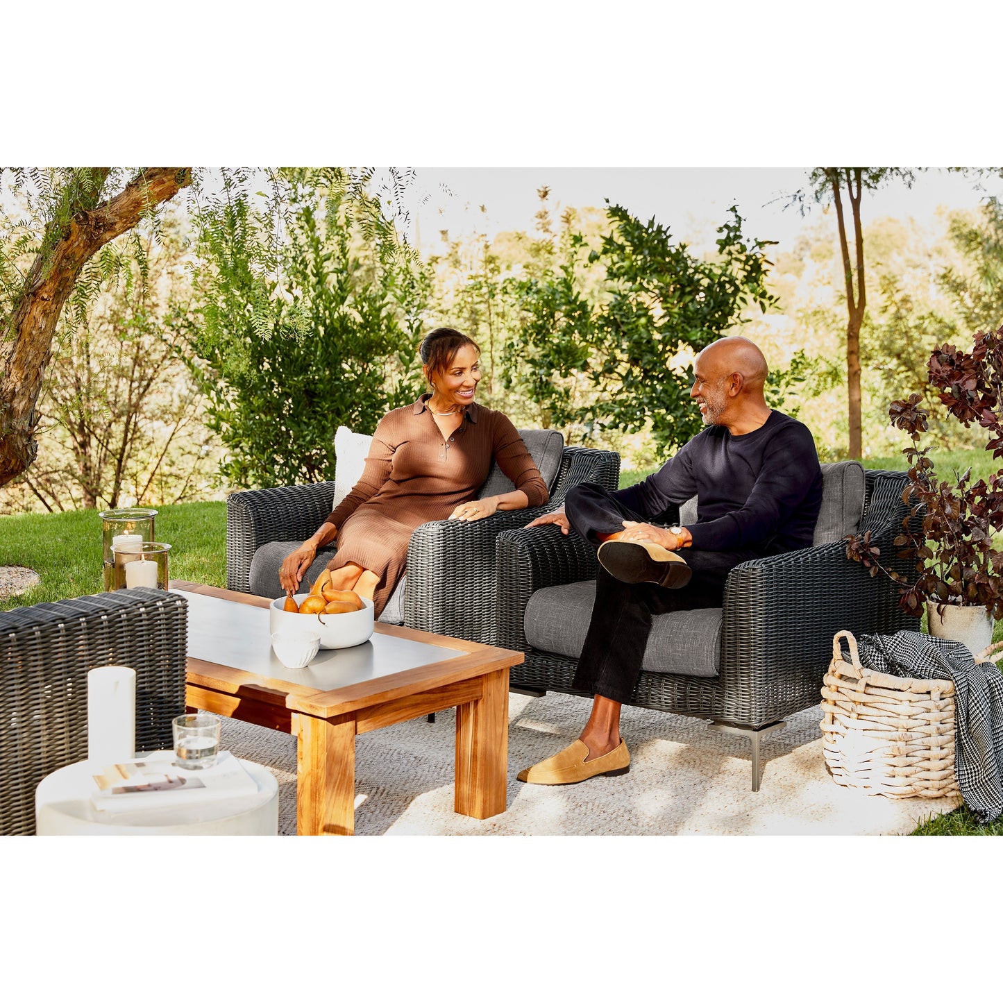 Live Outer 132" Black Wicker Outdoor Sofa With Armless Chairs & Dark Pebble Gray Cushion (6-Seat)
