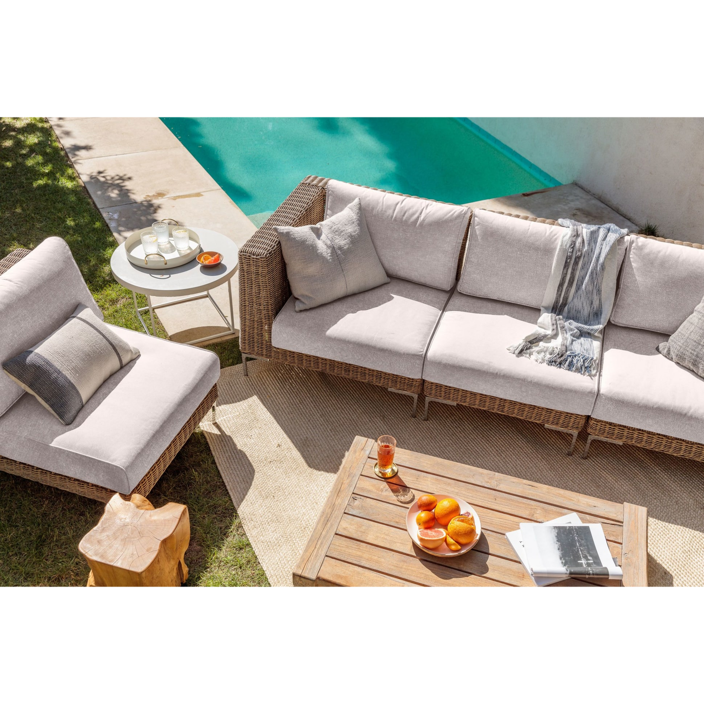 Live Outer 132" Brown Wicker Outdoor Sofa With Armless Chairs & Sandstone Gray Cushion (6-Seat)