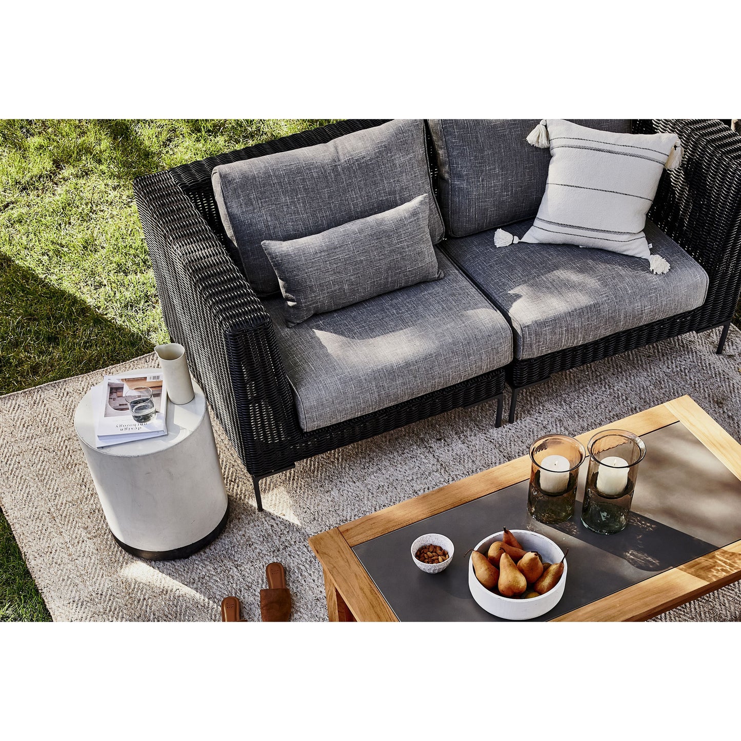 Live Outer 29" Black Wicker Outdoor Ottoman With Pacific Fog Gray Cushion