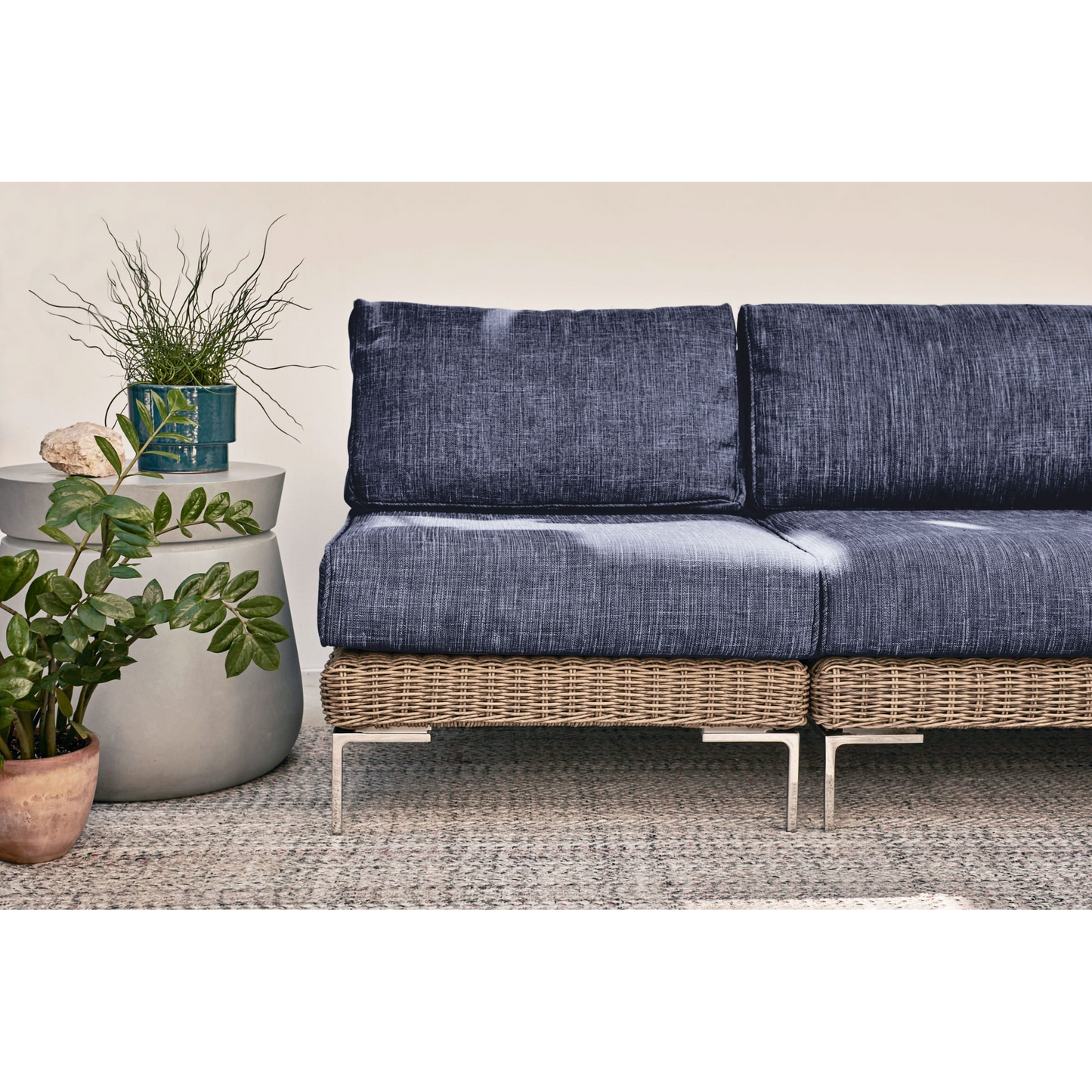 Live Outer 29" Brown Wicker Outdoor Ottoman With Deep Sea Navy Cushion