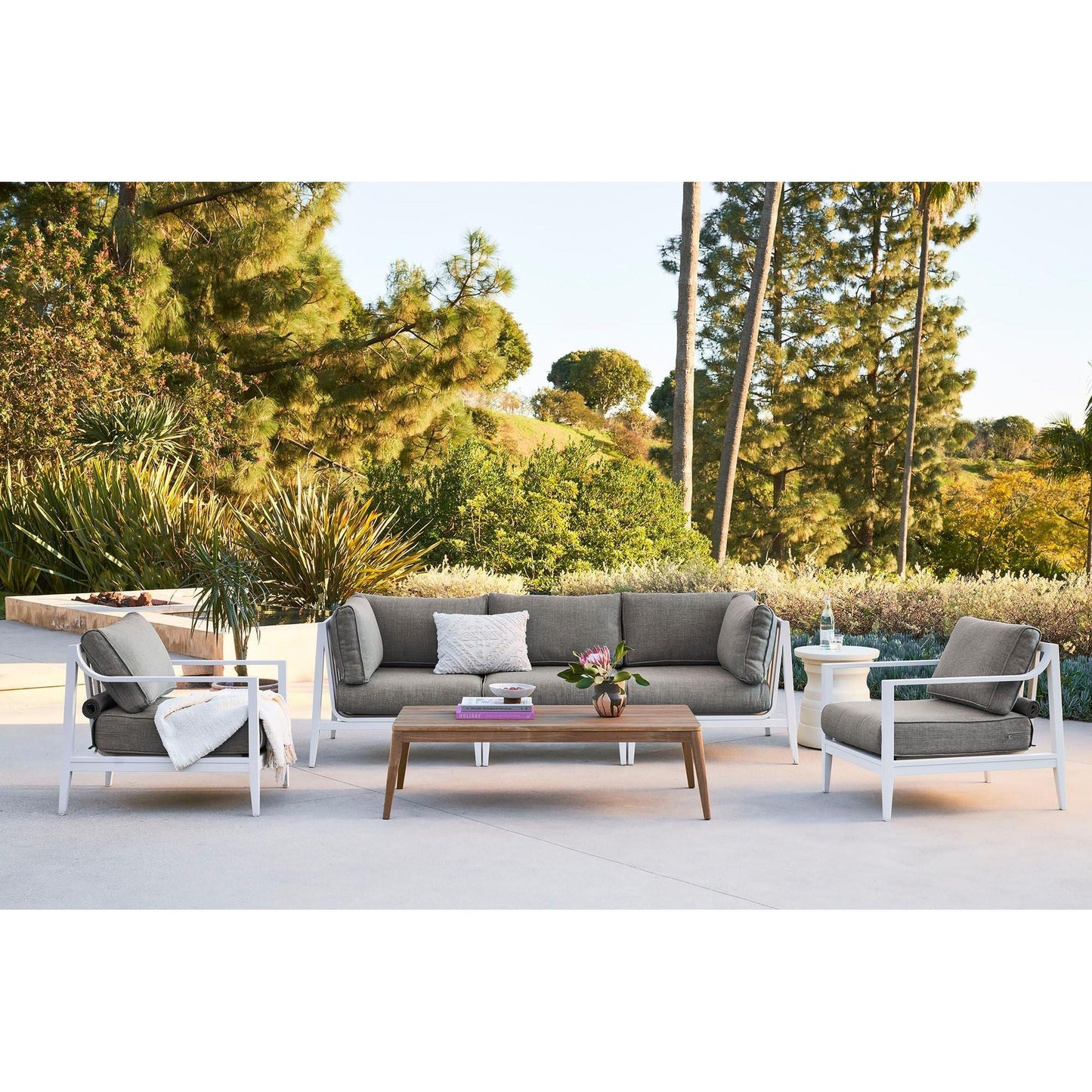 Live Outer 69" White Aluminum Outdoor Loveseat With Armchairs & Dark Pebble Gray Cushion (4-Seat)