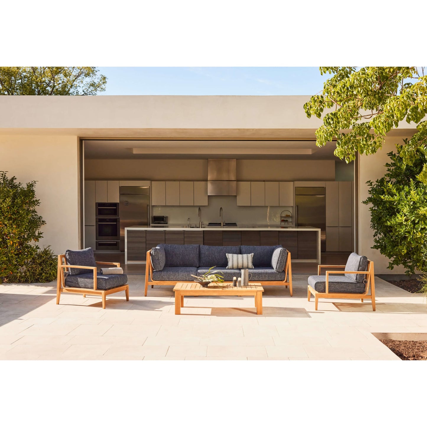 Live Outer 98" Teak Outdoor Sofa With Armless Chairs and Deep Sea Navy Cushion (5-Seat)