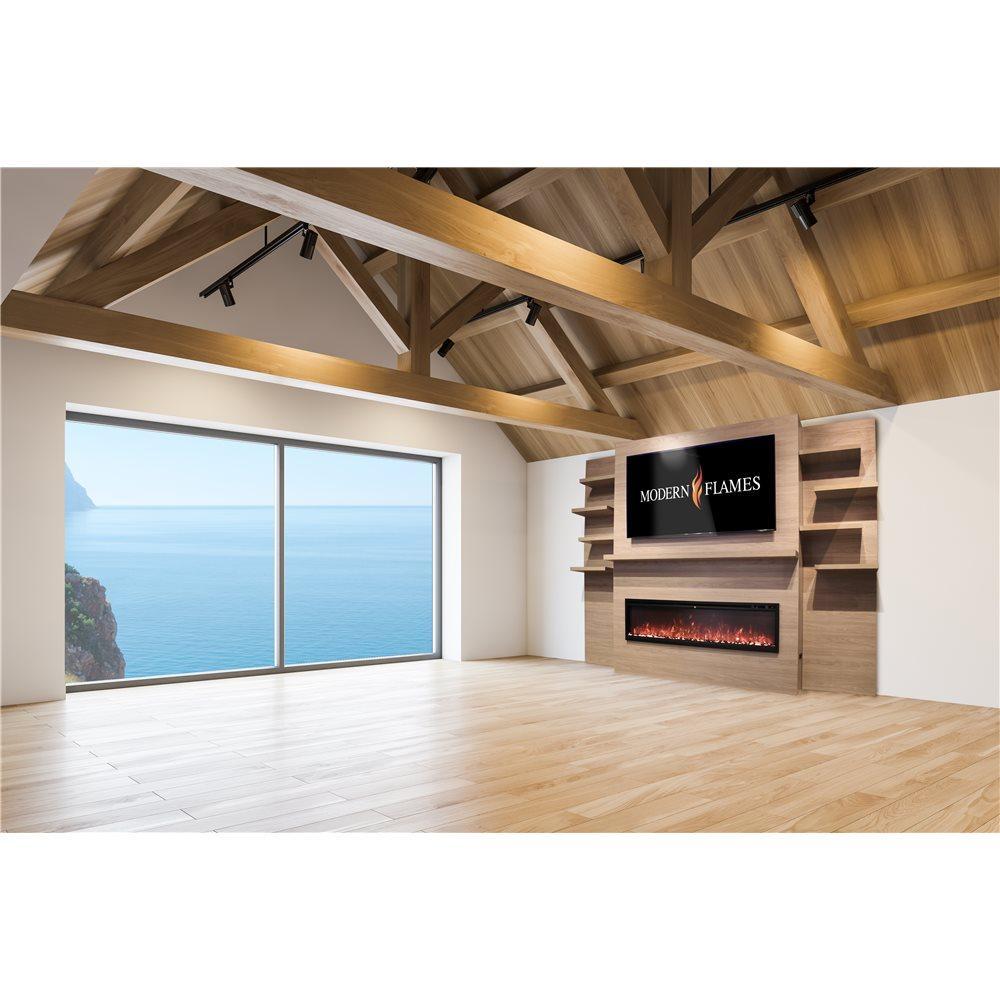 Modern Flames Weathered Walnut Allwood Media Wall System With Side Shelves for Spectrum Slimline 60" Fireplace