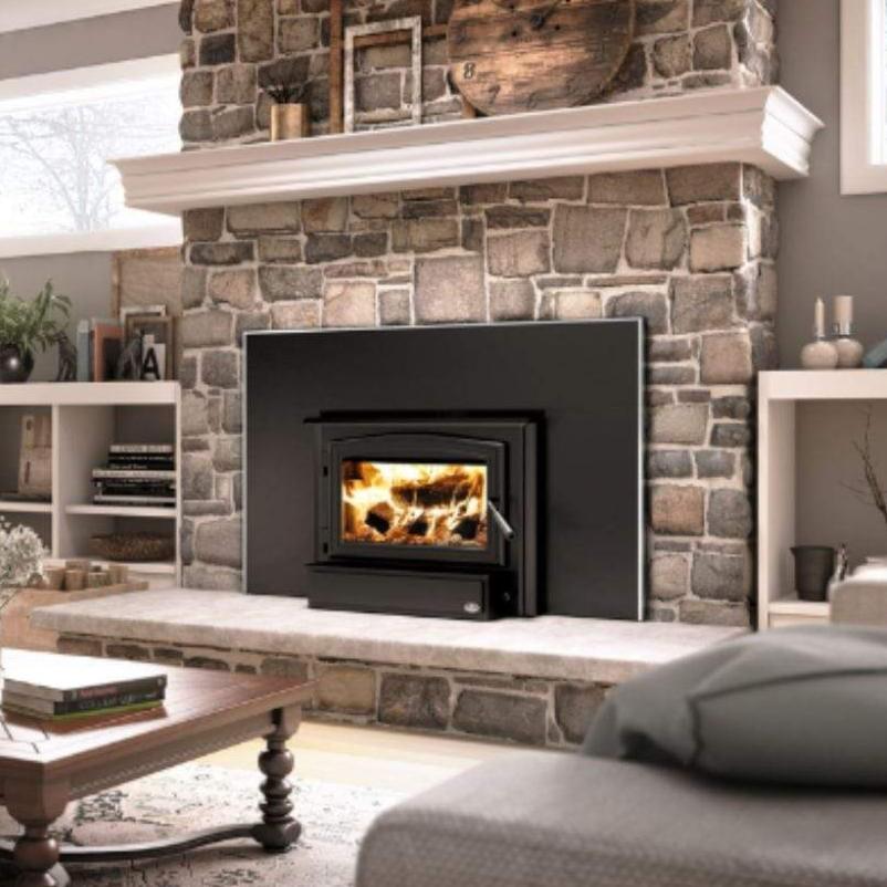 Osburn 1700 Wood Insert With Black Door Overlay, Faceplate, Brushed Nickel Large Faceplate Trims & Forever Flex Liner Kit