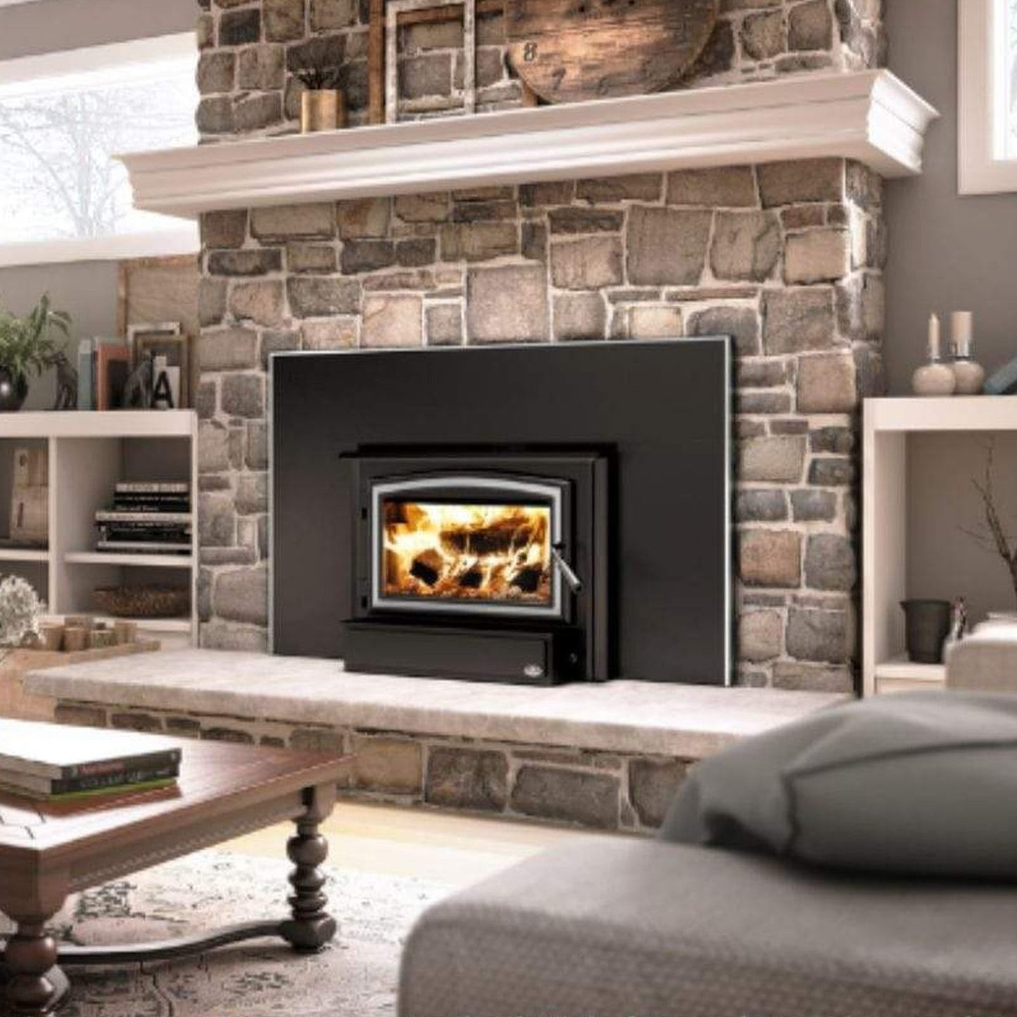 Osburn 1700 Wood Insert With Black Door Overlay, Large Faceplate & Brushed Nickel Large Faceplate Trims