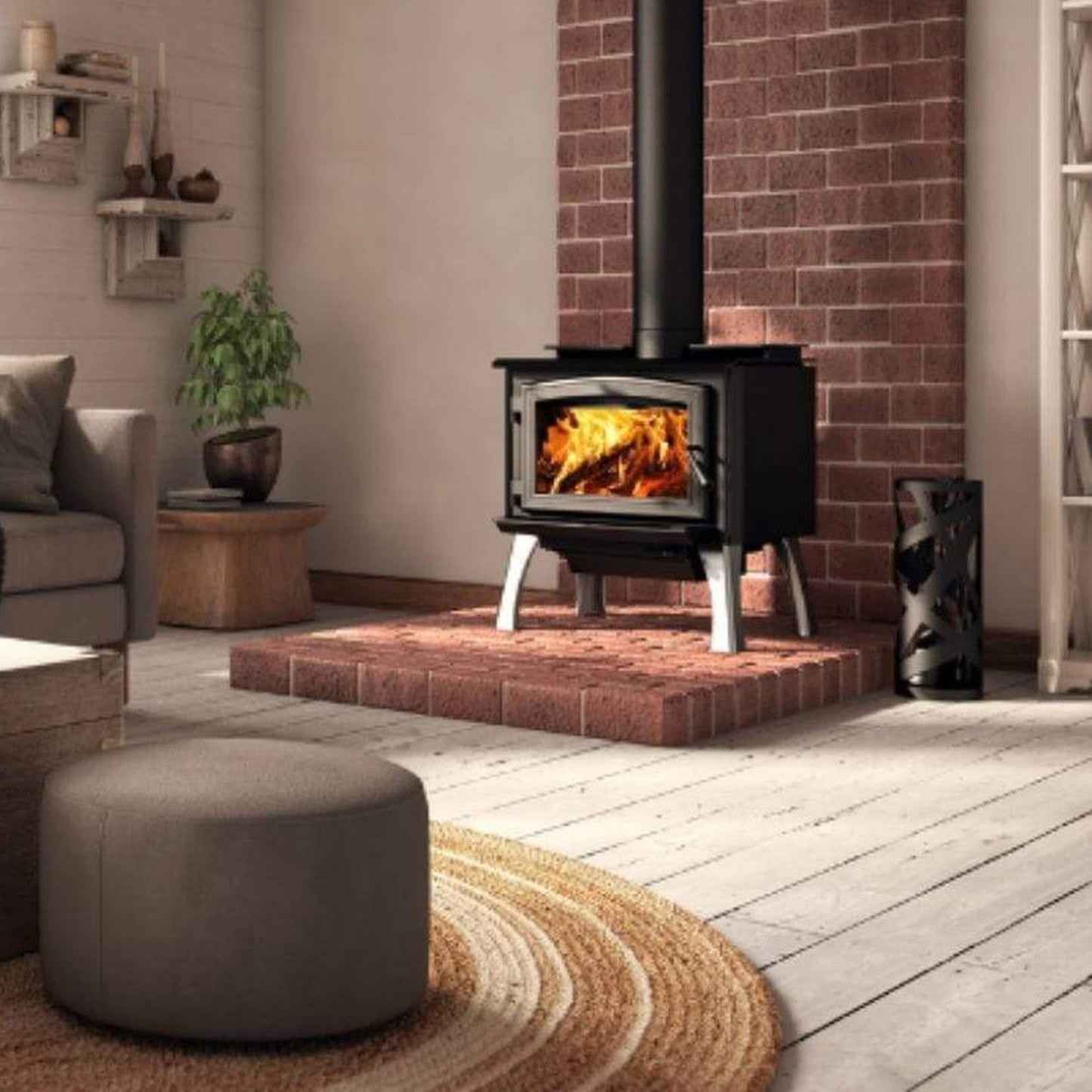Osburn 1700 Wood Stove With Black Door Overlay & Brushed Nickel Cast Iron Straight Legs With Ash Drawer