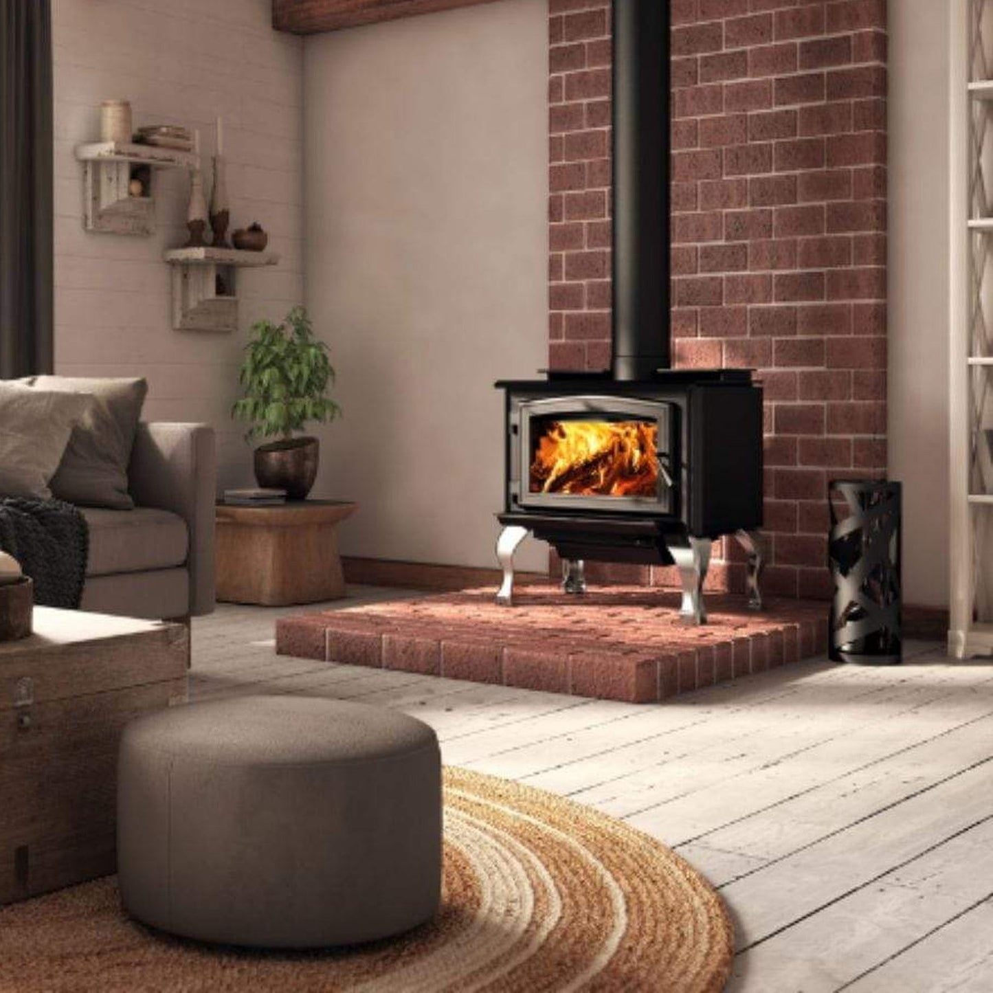 Osburn 1700 Wood Stove With Black Door Overlay & Brushed Nickel Cast Iron Traditional Legs With Ash Drawer
