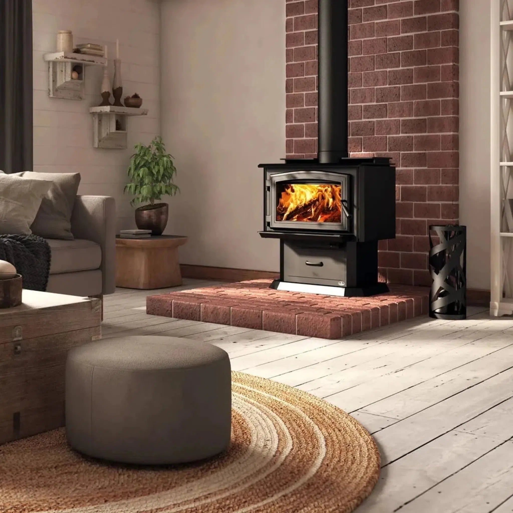 Osburn 1700 Wood Stove With Black Door Overlay & Pedestal With Ash
