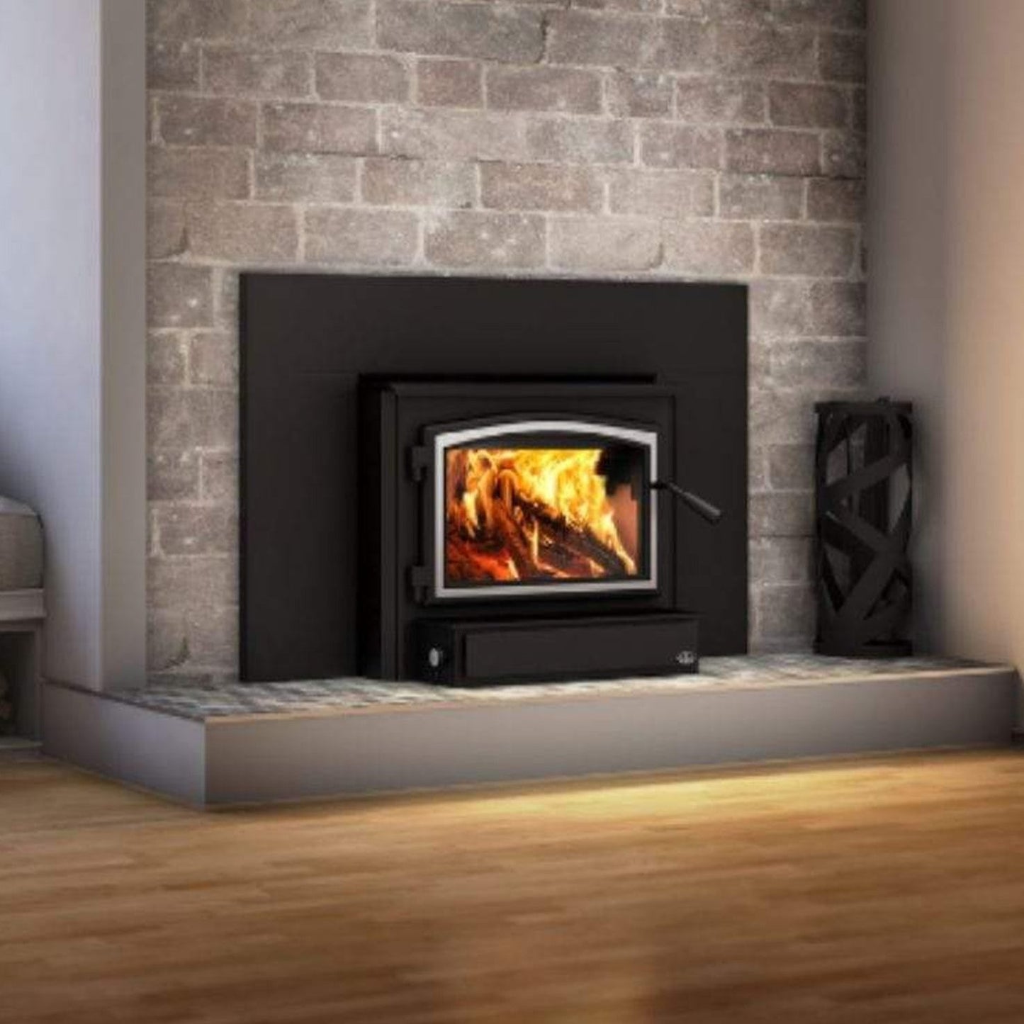 Osburn 2000 Wood Insert With Brushed Nickel Door Overlay, Faceplate & Black Large Faceplate Trims