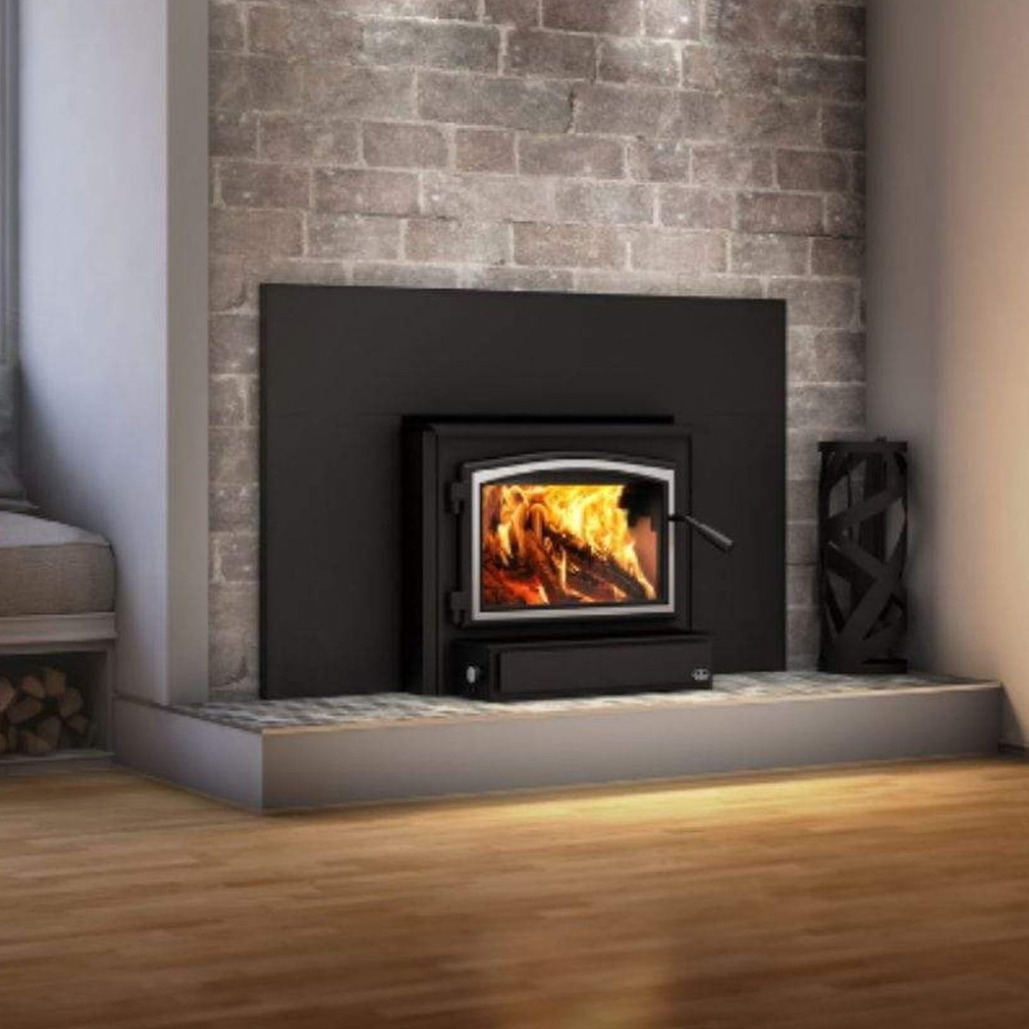 Osburn 2000 Wood Insert With Brushed Nickel Door Overlay, Large Faceplate & Black Large Faceplate Trims