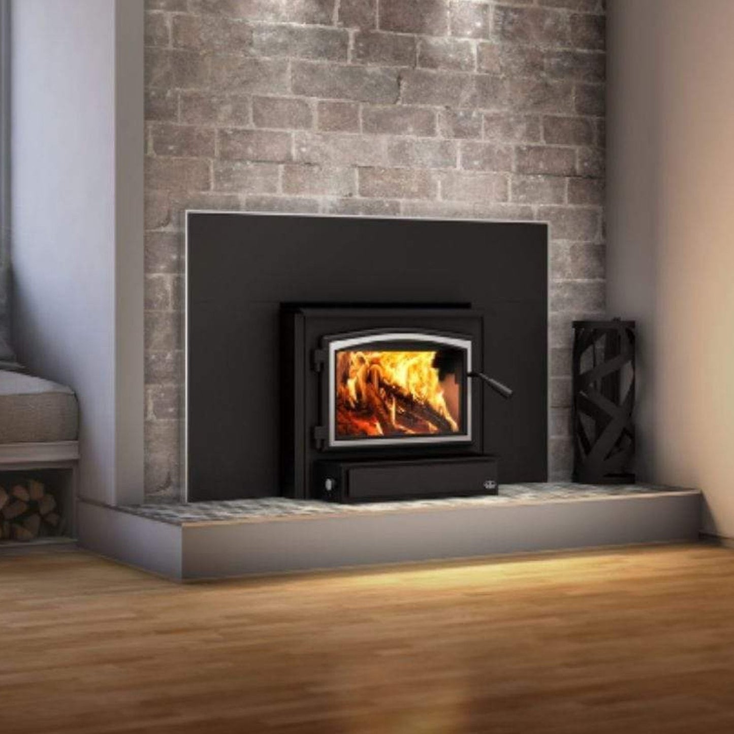 Osburn 2000 Wood Insert With Brushed Nickel Door Overlay, Large Faceplate & Brushed Nickel Large Faceplate Trims