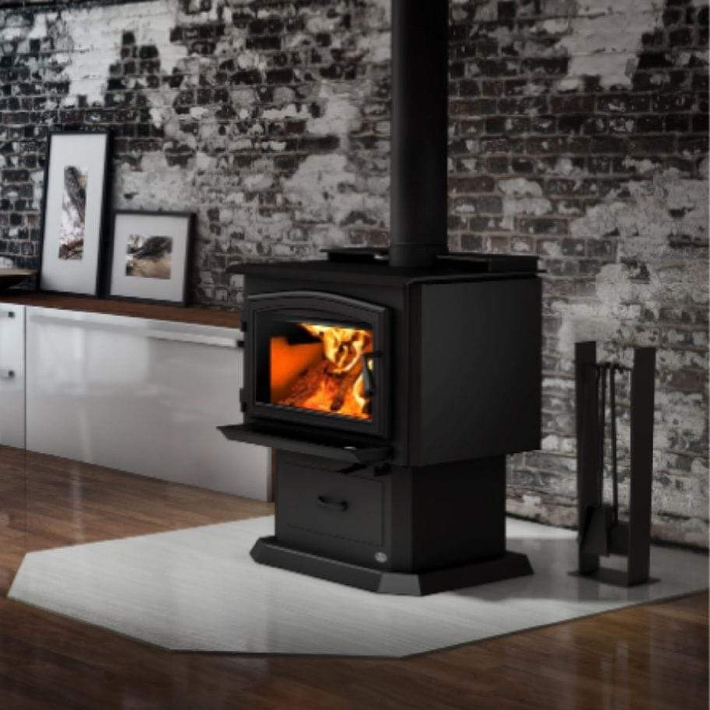 Osburn 2000 Wood Stove With Black Door Overlay & Pedestal With Ash Drawer