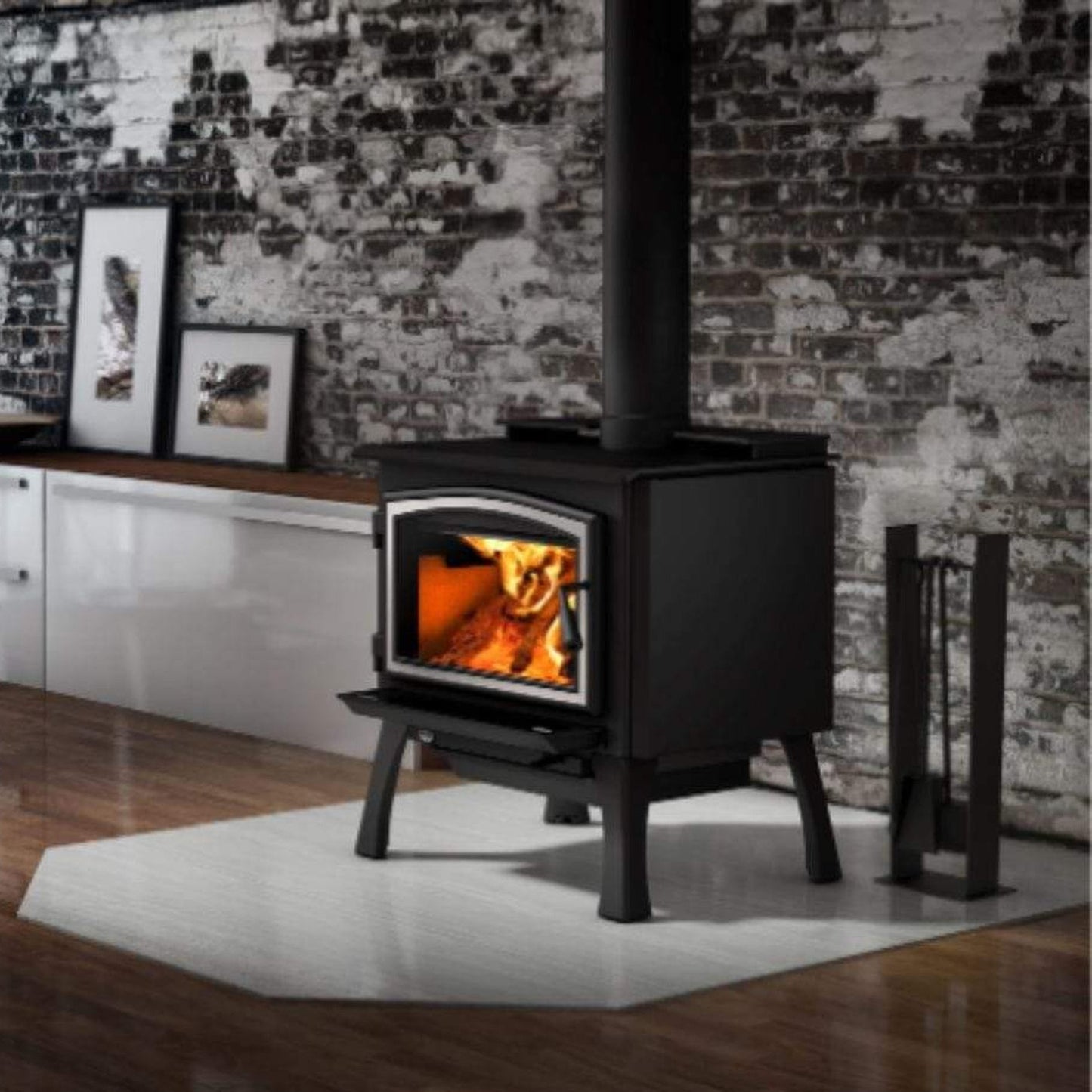Osburn 2000 Wood Stove With Brushed Nickel Door Overlay & Black Cast Iron Straight Legs With Ash Drawer