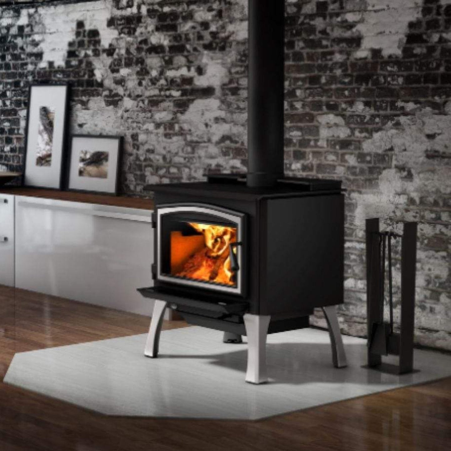 Osburn 2000 Wood Stove With Brushed Nickel Door Overlay & Brushed Nickel Cast Iron Straight Legs With Ash Drawer